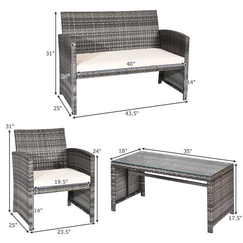 Costway 8 Pieces Rattan Patio Conversation Furniture Set with Cushion in Gray