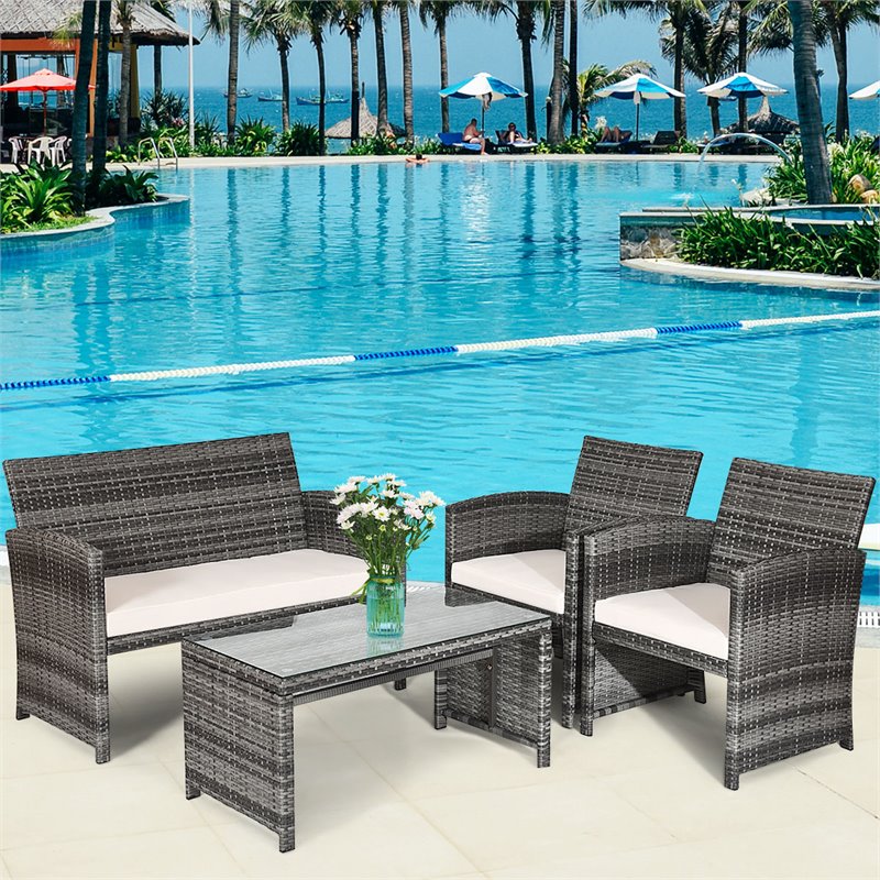 Costway 8 Pieces Rattan Patio Conversation Furniture Set with Cushion in Gray