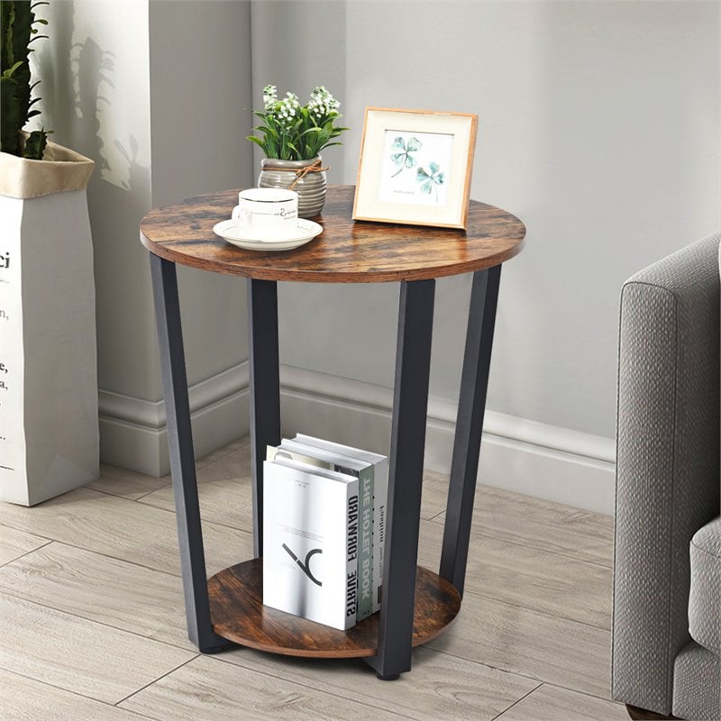 Costway Contemporary Metal and Engineered Wood End Tables in Brown (Set of 2)