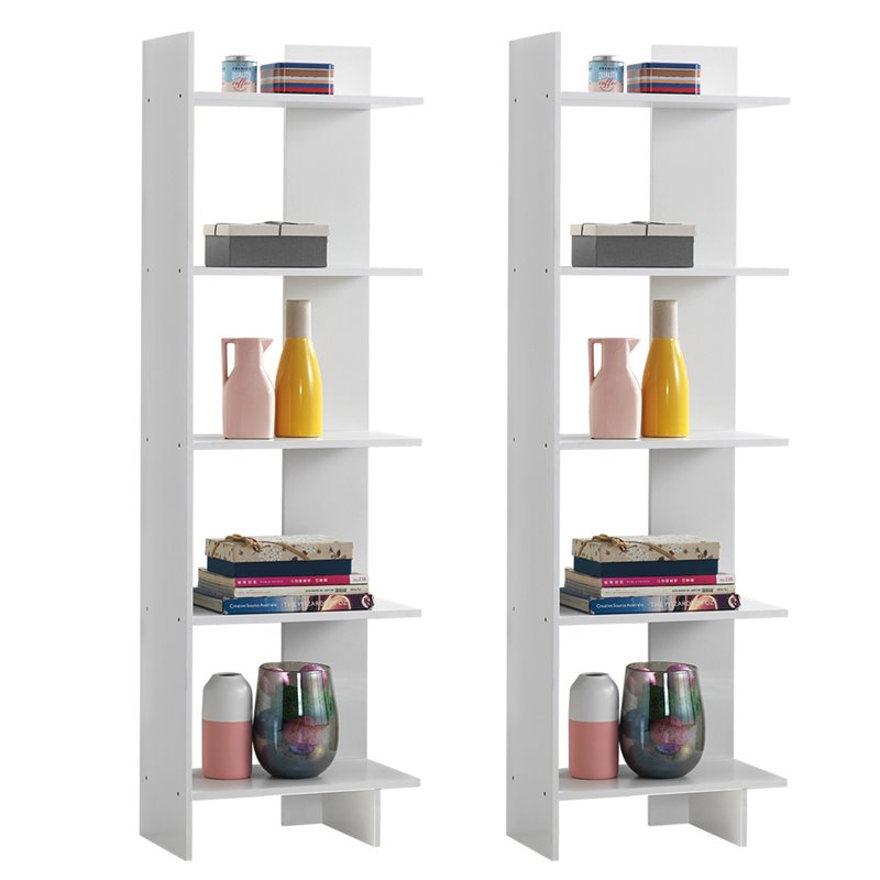 Costway 5-Tier Contemporary Engineered Wood Bookshelves in White (Set of 2)