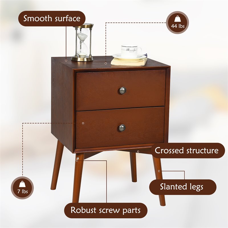 Costway MDF and Rubber Wood Nightstands with 2 Drawers in Brown (Set of 2)