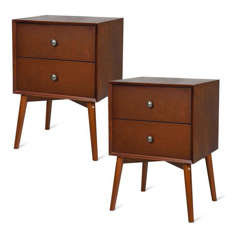 Costway MDF and Rubber Wood Nightstands with 2 Drawers in Brown (Set of 2)