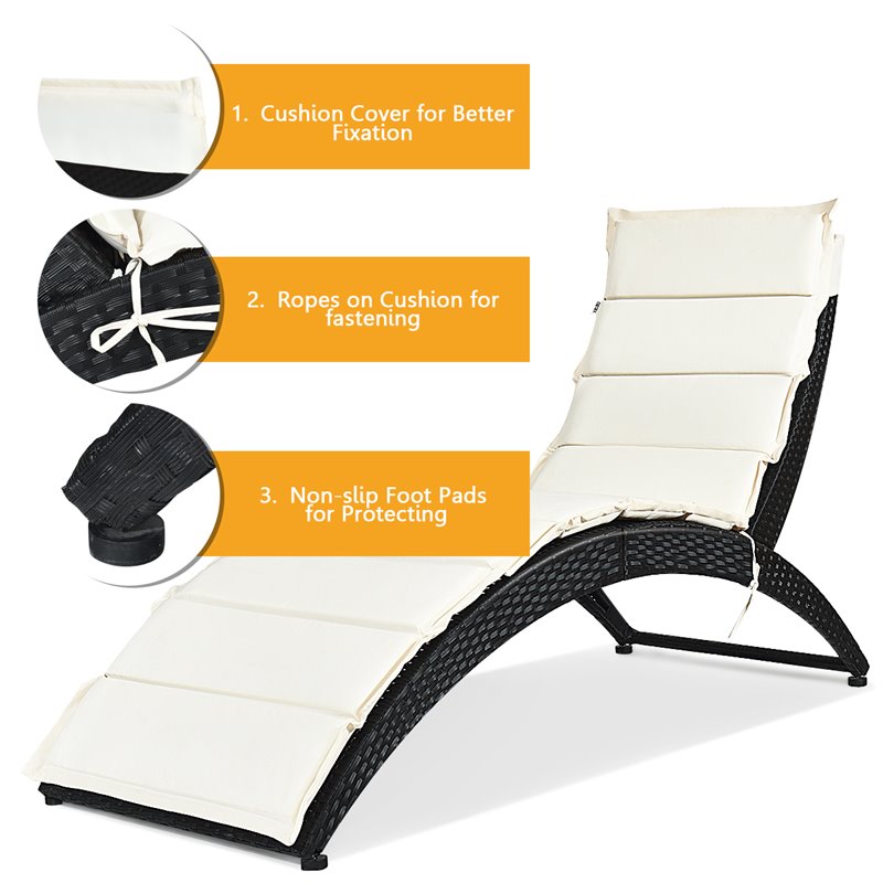 Costway 2 Pieces Rattan Folding Patio Lounge Chaise Chair with Cushion in Black