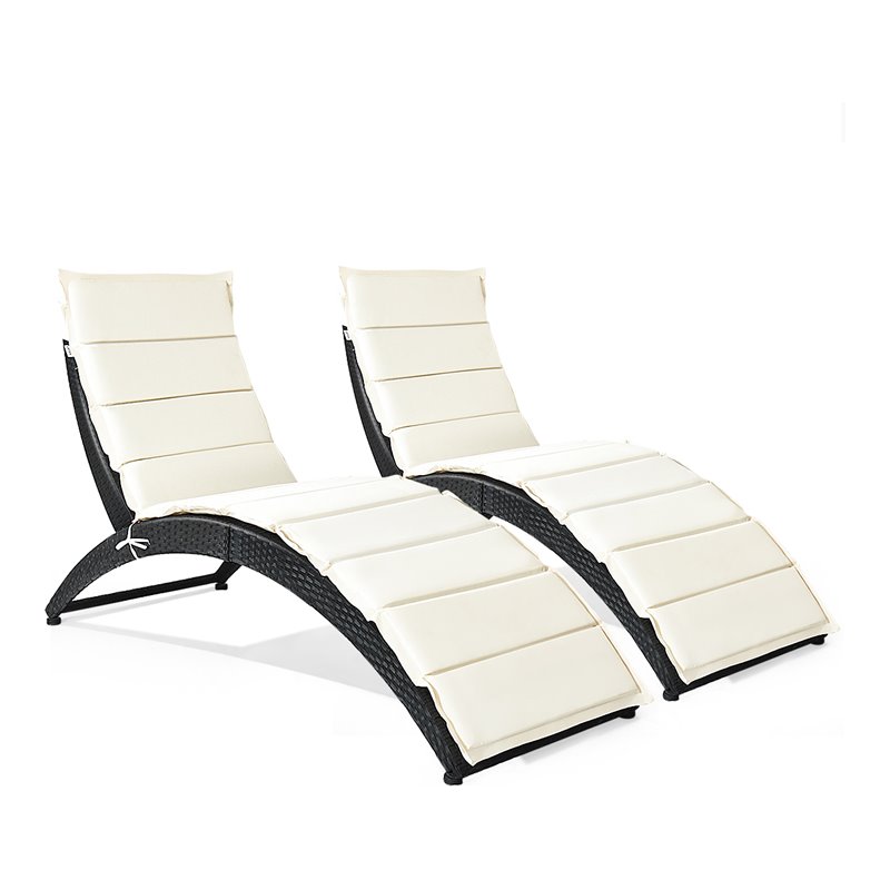 Costway 2 Pieces Rattan Folding Patio Lounge Chaise Chair with Cushion in Black