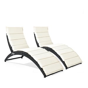costway 2 pieces rattan folding patio lounge chaise chair with cushion in black