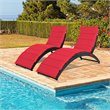 Costway 2 Pieces Rattan Folding Patio Lounge Chaise Chair with Cushion in Red