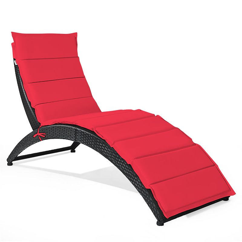 Costway 2 Pieces Rattan Folding Patio Lounge Chaise Chair with Cushion in Red
