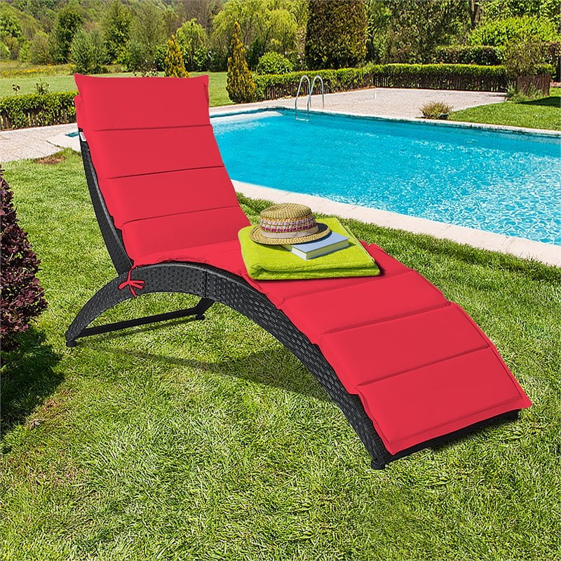 Costway 2 Pieces Rattan Folding Patio Lounge Chaise Chair with Cushion in Red