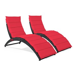 Costway 2 Pieces Rattan Folding Patio Lounge Chaise Chair with Cushion in Red