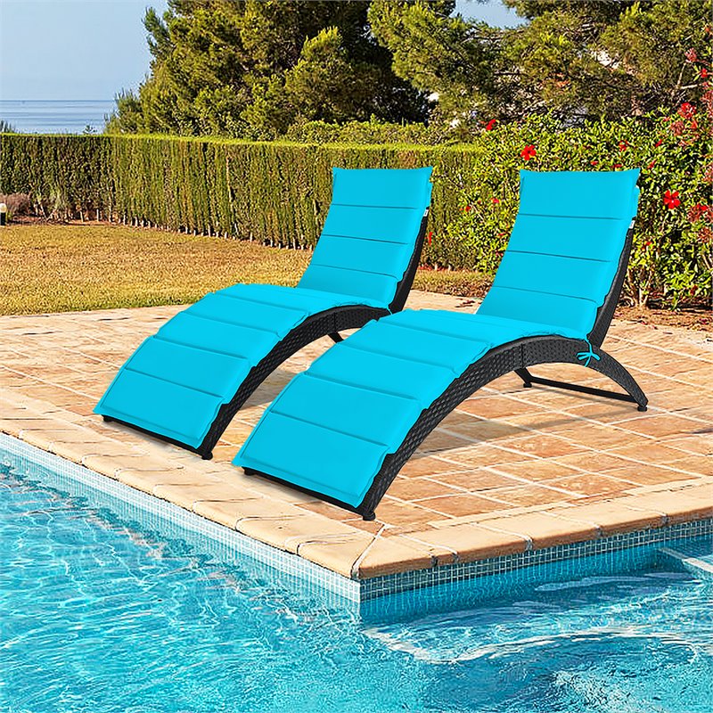 Costway 2 Pieces Rattan Folding Patio Lounge Chaise Chair in Turquoise