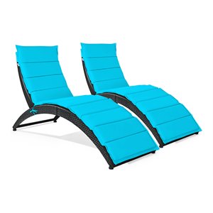 Costway 2 Pieces Rattan Folding Patio Lounge Chaise Chair in Turquoise
