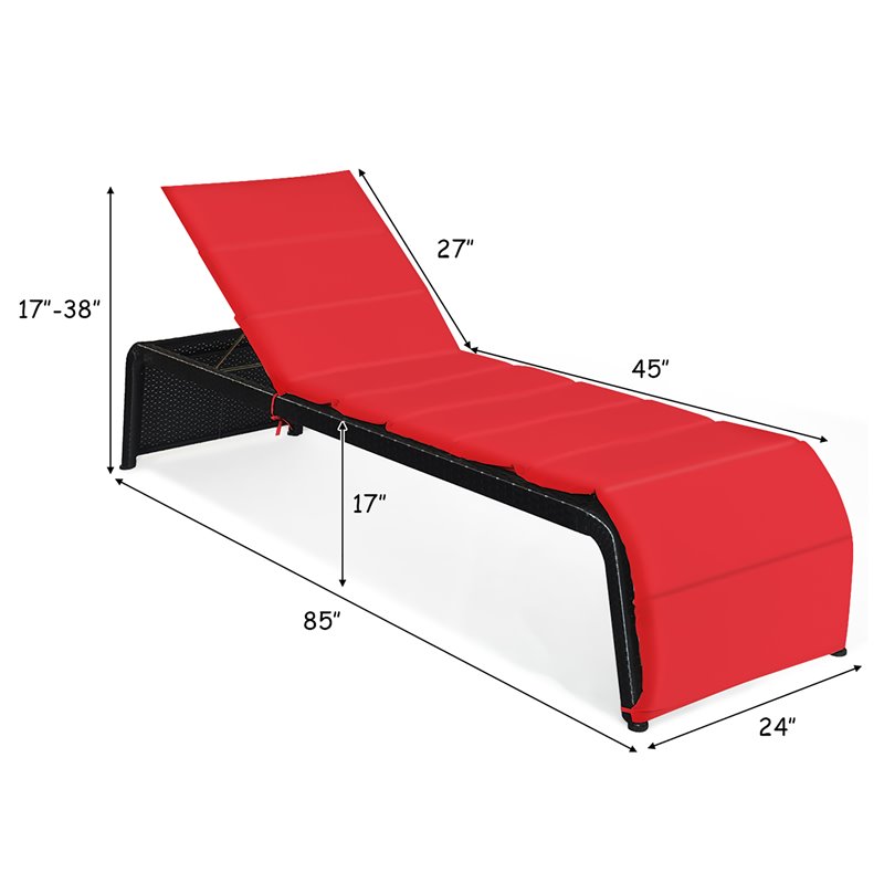 Costway 2 Pieces Back Adjustable Rattan Patio Lounge Chair with Cushion in Red