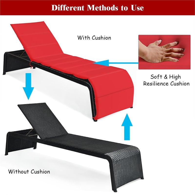 Costway 2 Pieces Back Adjustable Rattan Patio Lounge Chair with Cushion in Red