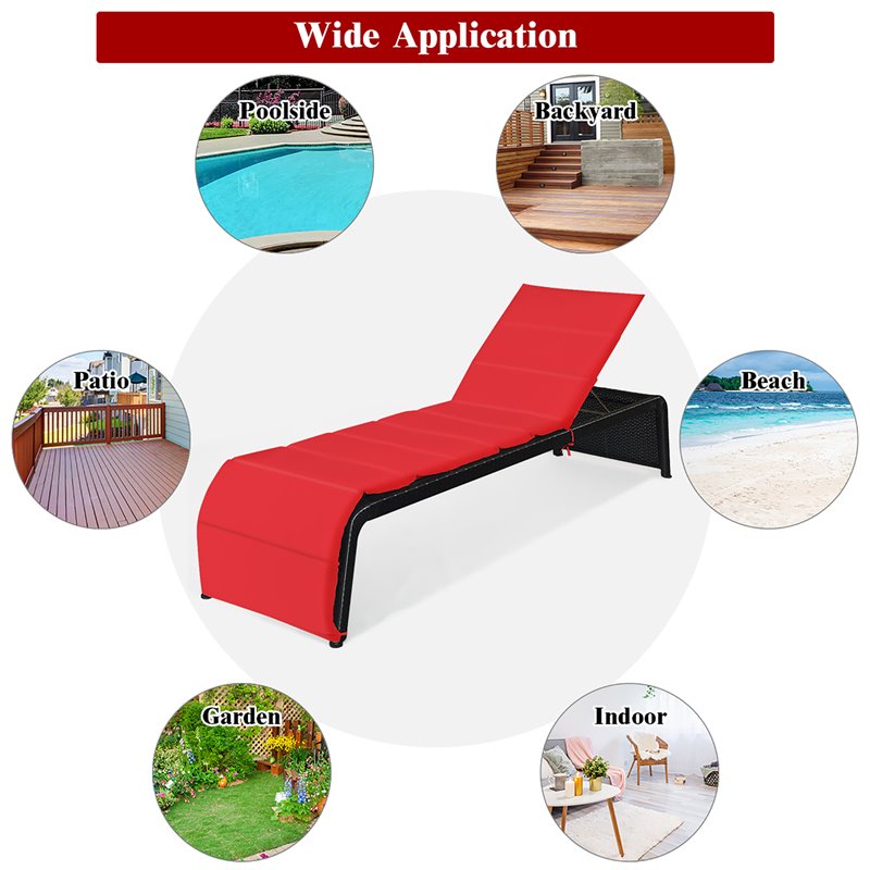 Costway 2 Pieces Back Adjustable Rattan Patio Lounge Chair with Cushion in Red