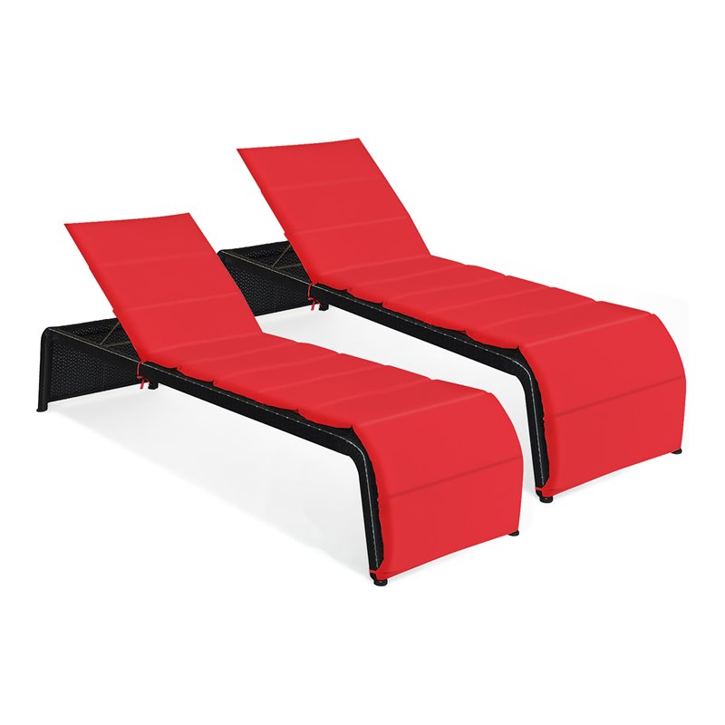 Costway 2 Pieces Back Adjustable Rattan Patio Lounge Chair with Cushion in Red