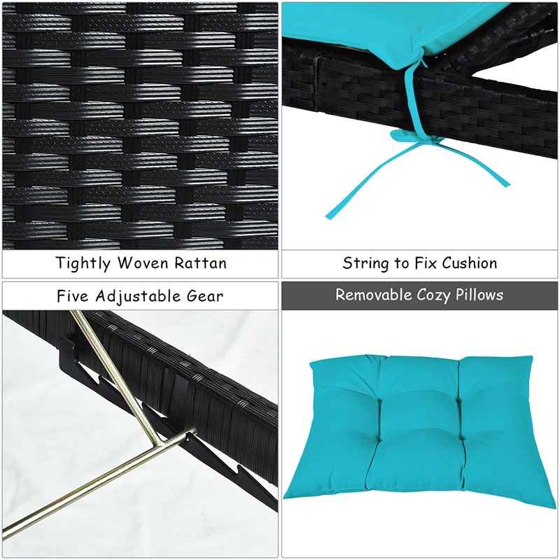 Costway 2 Pieces Adjustable Rattan Patio Lounge Chair with Cushion in Turquoise