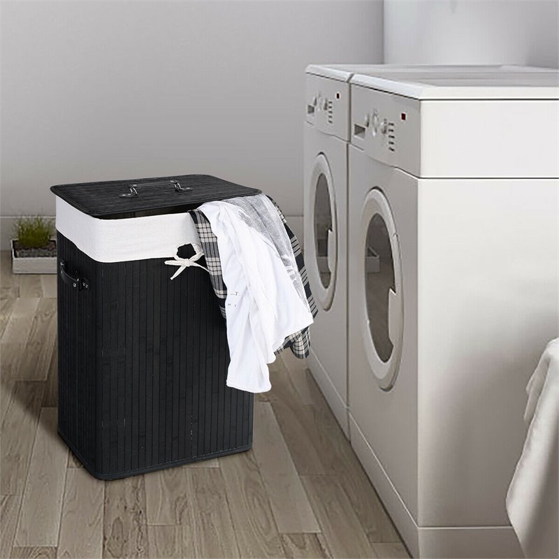 Costway Rectangle Bamboo Hamper Laundry Basket with Lid in Black