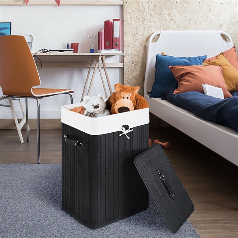 Costway Rectangle Bamboo Hamper Laundry Basket with Lid in Black