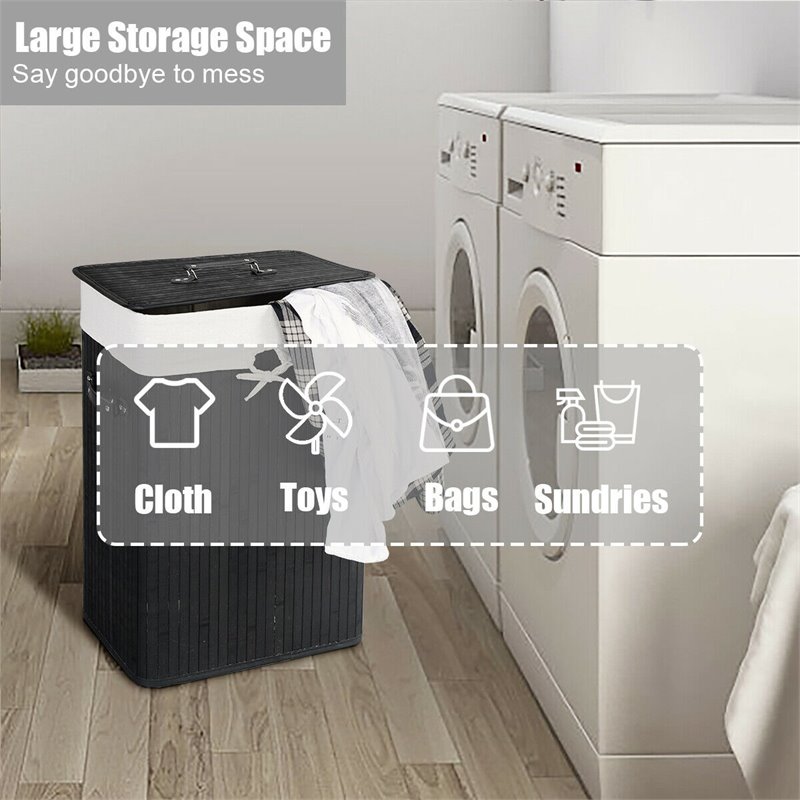Costway Rectangle Bamboo Hamper Laundry Basket with Lid in Black