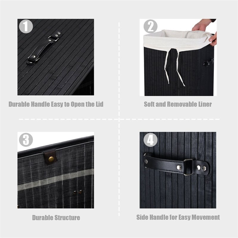 Costway Rectangle Bamboo Hamper Laundry Basket with Lid in Black