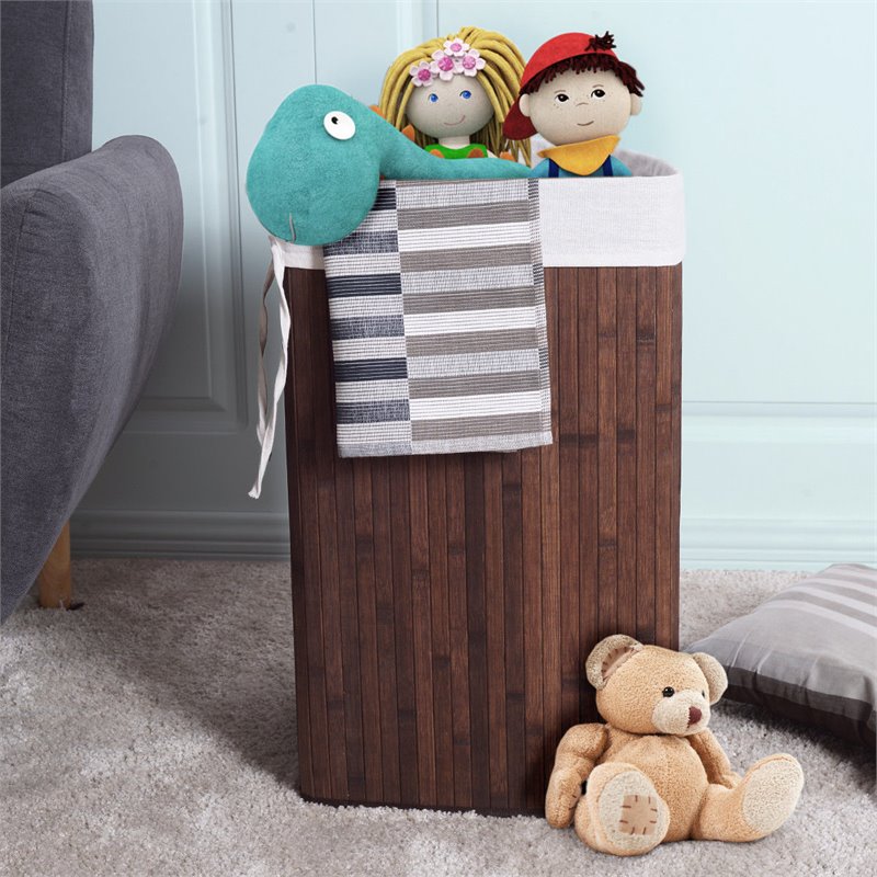 Costway Bamboo and Cotton Corner Hamper Laundry Basket in Brown