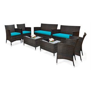 Costway 8 Pieces Rattan and Fabric Patio Furniture Set with Cushion in Turquoise