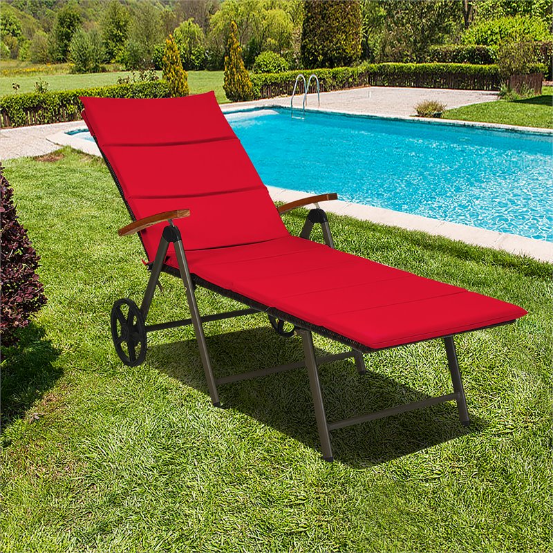 Costway Contemporary Rattan Lounger Chairs with Cushion in Red (Set of 2)