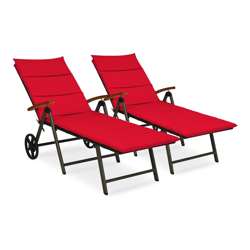 Costway Contemporary Rattan Lounger Chairs with Cushion in Red (Set of 2)