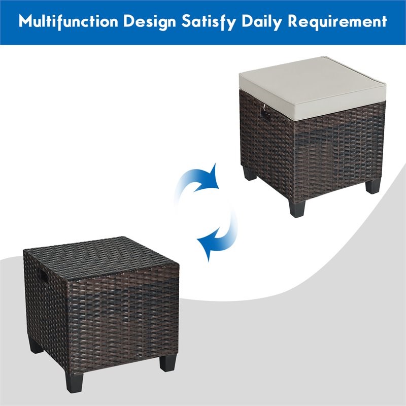 Costway 4 Pieces Rattan Outdoor Patio Ottoman with Cushion Seat in Brown