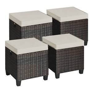 Costway 4 Pieces Rattan Outdoor Patio Ottoman with Cushion Seat in Brown