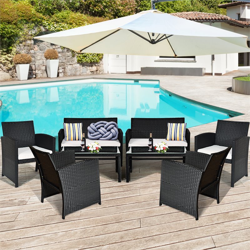 Costway 8 Pieces Rattan Patio Conversation Furniture Set with Cushion in Black
