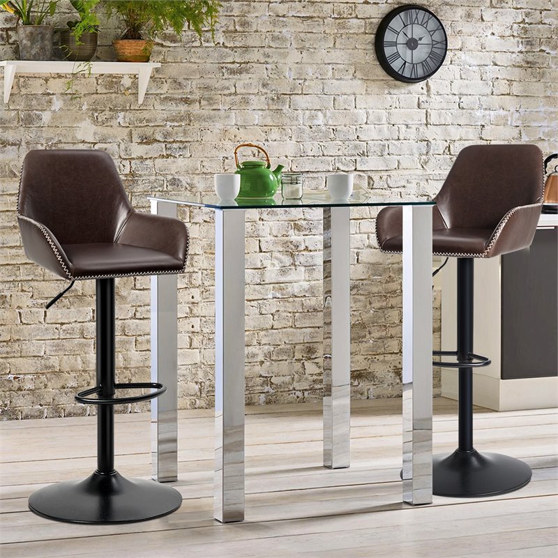 Costway Leather and Iron Adjustable Swivel Bar Stools in Brown (Set of 2)