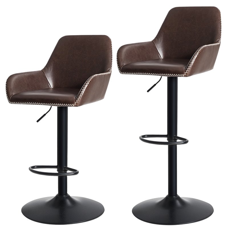 Costway Leather and Iron Adjustable Swivel Bar Stools in Brown (Set of 2)