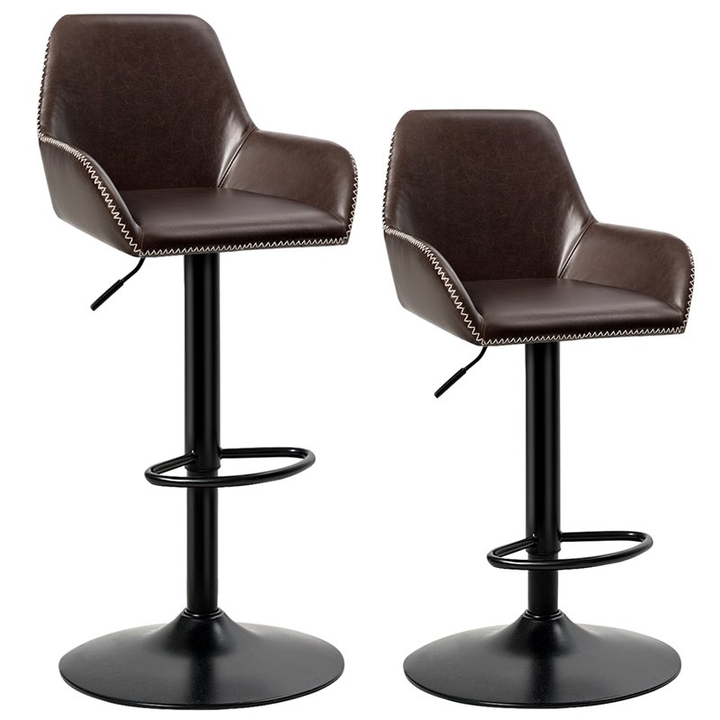 Costway Leather and Iron Adjustable Swivel Bar Stools in Brown (Set of 2)