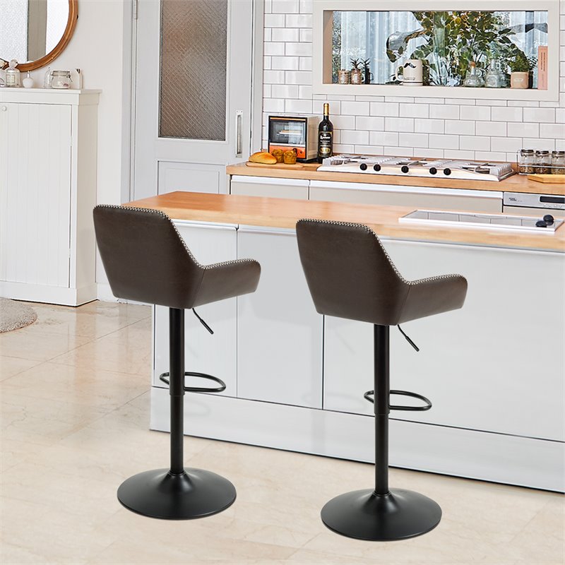 Costway Leather and Iron Adjustable Swivel Bar Stools in Brown (Set of 2)