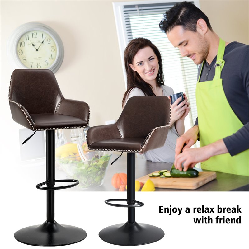 Costway Leather and Iron Adjustable Swivel Bar Stools in Brown (Set of 2)