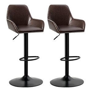 Costway Leather and Iron Adjustable Swivel Bar Stools in Brown (Set of 2)