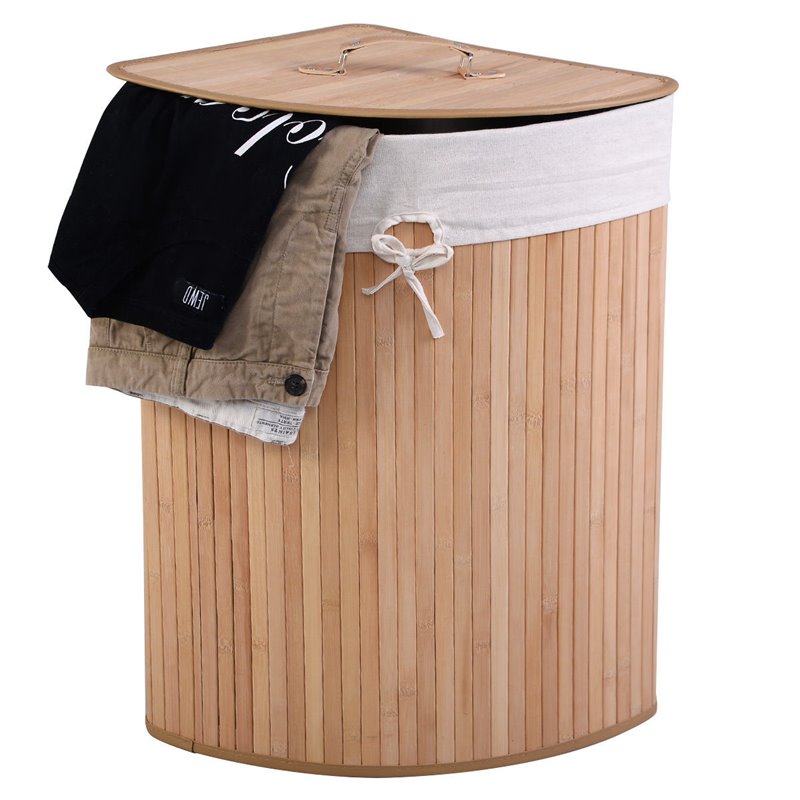 Costway Bamboo and Cotton Corner Hamper Laundry Basket in Natural
