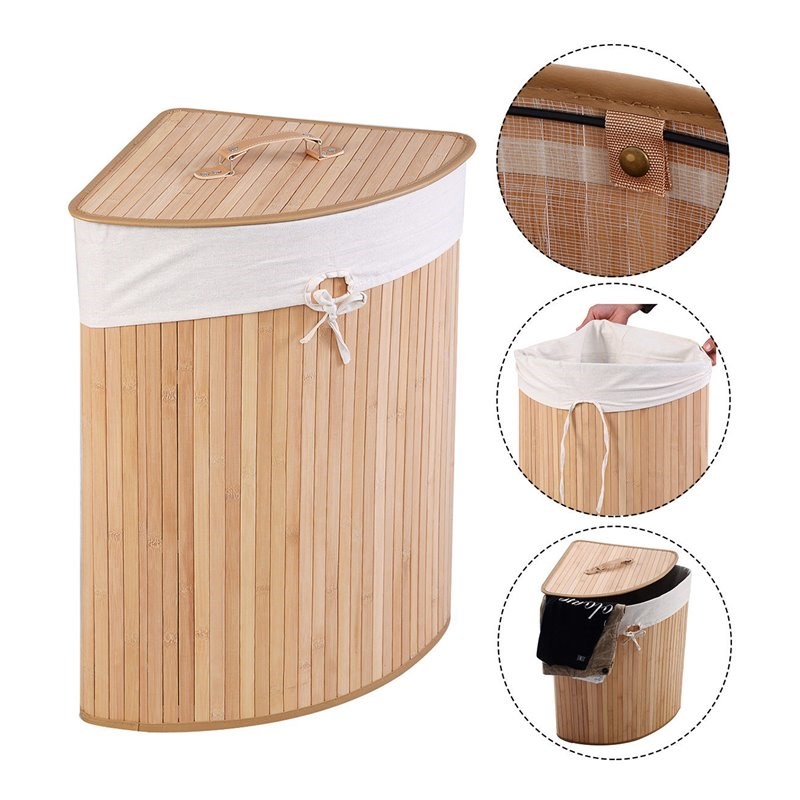 Costway Bamboo and Cotton Corner Hamper Laundry Basket in Natural