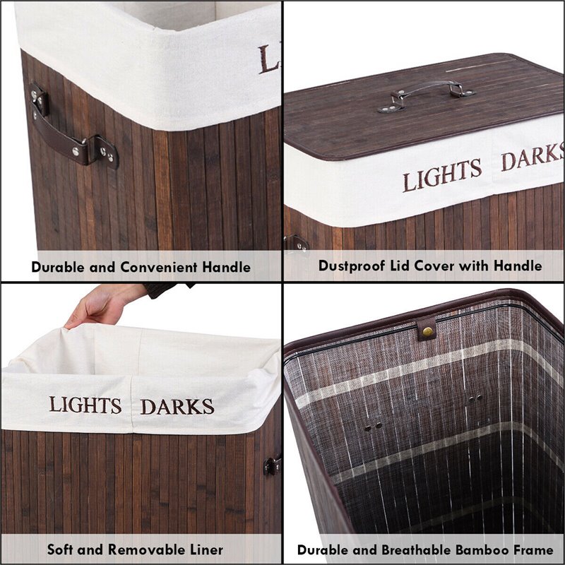 Costway Bamboo Folding Double Rectangle Hamper Laundry Basket in Brown