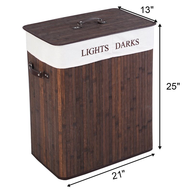 Costway Bamboo Folding Double Rectangle Hamper Laundry Basket in Brown