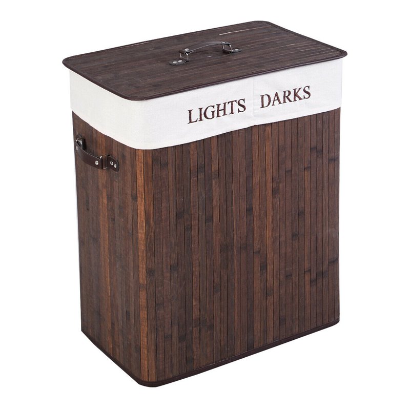 Costway Bamboo Folding Double Rectangle Hamper Laundry Basket in Brown