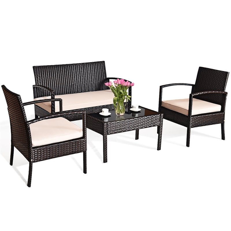 Costway 4 Pieces Rattan Patio Conversation Furniture Set with Cushion in Black