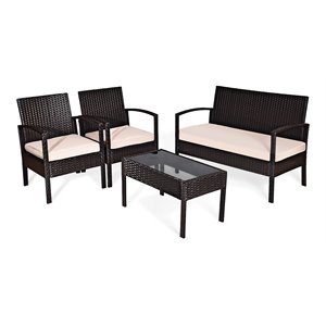 Costway 4 Pieces Rattan Patio Conversation Furniture Set with Cushion in Black