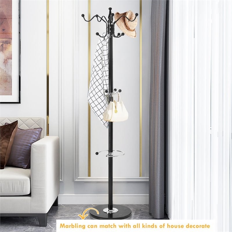 Costway 70'' Contemporary Iron & Marble Coat Rack with 15 Hooks in Black