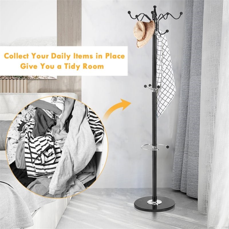 Costway 70'' Contemporary Iron & Marble Coat Rack with 15 Hooks in Black