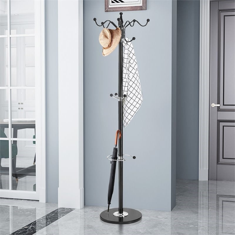 Costway 70'' Contemporary Iron & Marble Coat Rack with 15 Hooks in Black