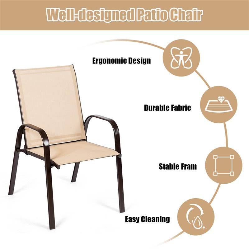 Costway 4 Pieces Steel and Fabric Patio Dining Chairs with Armrest in Beige