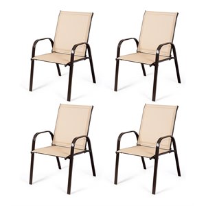 Costway 4 Pieces Steel and Fabric Patio Dining Chairs with Armrest in Beige