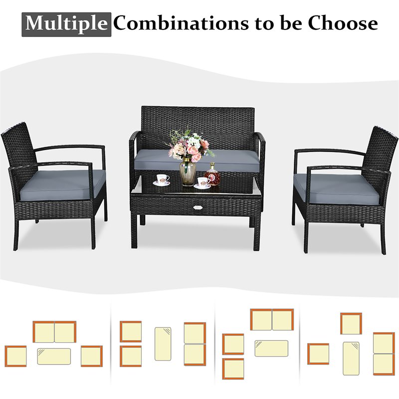 Costway 8 Pieces Rattan and Steel Frame Garden Deck Patio Furniture Set in Black